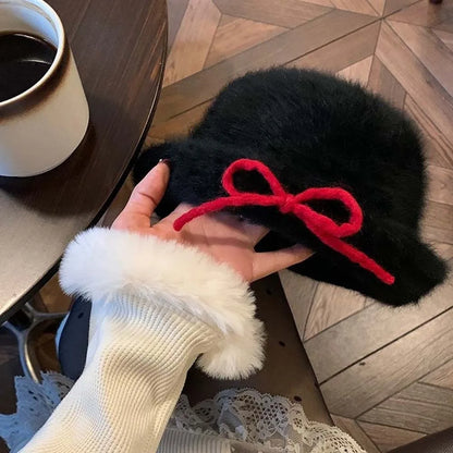 Top Hat Vintage Looking Black Bowler Hats Beret Japanese Style Woolen Bucket Cap Bow Versatile White Dome Hat Winter