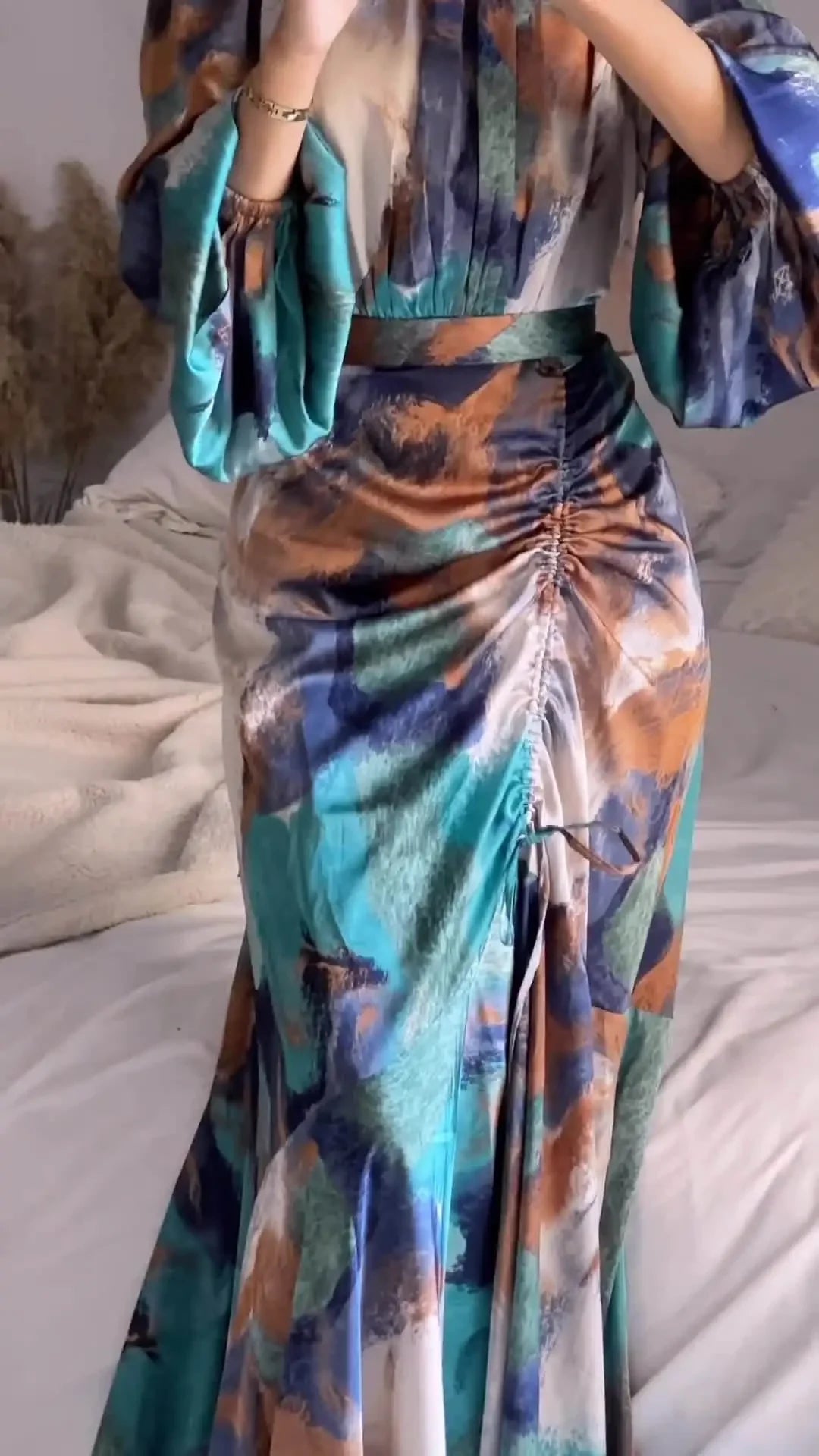 Colorful Printed Pleated Dress Women Half High Collar Long Lantern Sleeves Dresses Female Fashion Drawstring Slim Commuter Robe