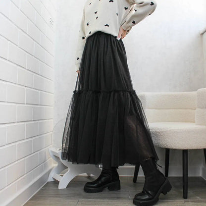 Hirsionsan Pleated Cake Skirts Women 2024 New Korean Harajuku Sweet Lace Skirt Ladies Elegant Party Ball Gown Female Mesh Skirt