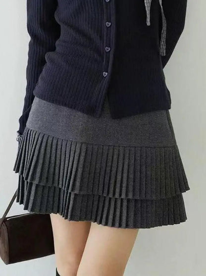 Autumn Winter Vintage Black Grey Versatile Pleated Short Skirt For Women 2025 Brown Temperament High Waist Sexy Mini Skirts Chic