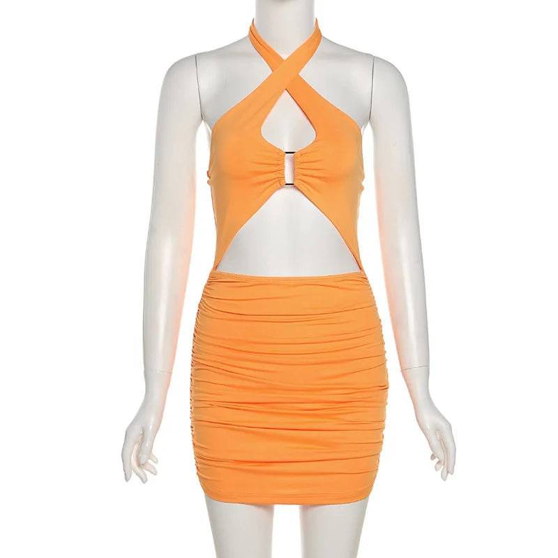 Sexy Waist Hollow Out Cross Shoulder Strap Slim Bodycon Dress Women Backless Sleeveless Skinny Mini Dress Club Party Vestidos