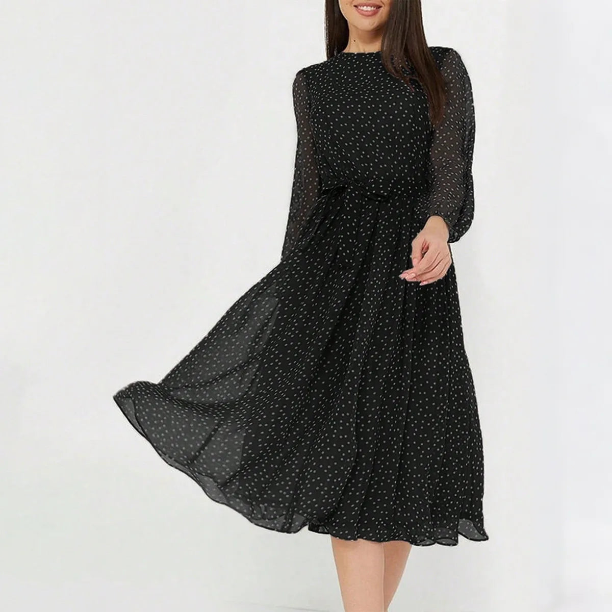 Print Dot Dress Women Casual Long Sleeve Round Neck Midi Dresses Lace Up Vocation Elegant Vestidos Summer 2025 Y2k Streetwear