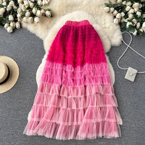 Voille Skirts Women Gradient Y2k High Waist Elastic Jupe Ladies Tulle Mujer Faldas Ruffles Long Female Mesh Skirt Dropshipping