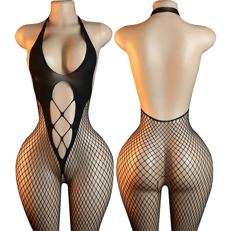 Women Fishnet Long Sleeve Bodycon Underwear Bodysuits Mesh Hollow Mini Dresses Sexy Crotchless Lingerie Erotic Teddies Bodysuit