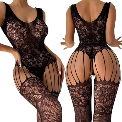 Women Fishnet Long Sleeve Bodycon Underwear Bodysuits Mesh Hollow Mini Dresses Sexy Crotchless Lingerie Erotic Teddies Bodysuit