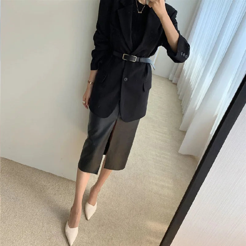 CM.YAYA Women High Waist PU Leather Vintage Straight Split Skirt 2025 Winter Street Pockets Basic Club Party Long Midi Skirts