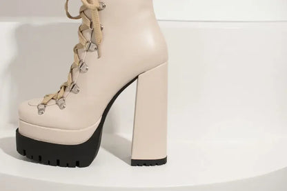 Modern Western Mature Punk Goth Female Winter Super Block High Heeled Shoes Square Toe Lace-up Platform Heels Boots