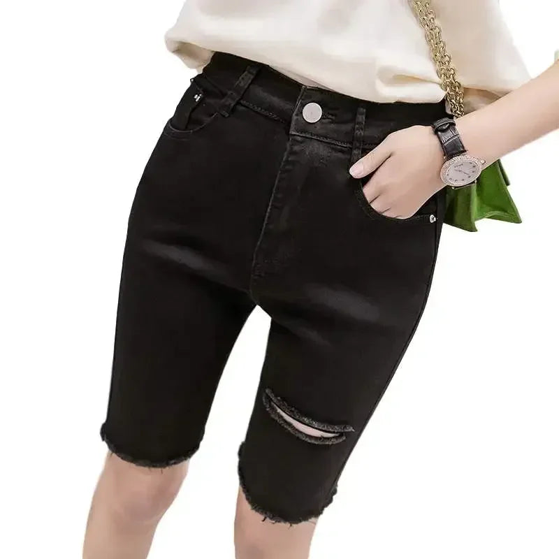 Black White Straight Stretch Denim Shorts Women Midi Jeans Summer Shorts Women Streetwear Hole Ripped High Waist Shorts C7336