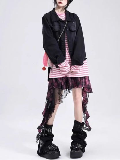 Y2K Skirts for Women Japanese Sweet Harajuku Mujer Faldas Punk Irregular Aesthetic Skirt Gauze Patch Plaid Vintage Faldas