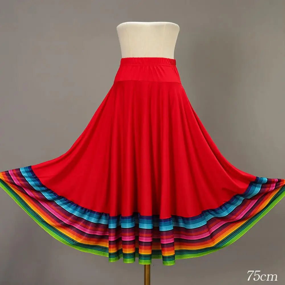 Midi Skirt Ladies Folk Dance Skirt Elastic High Waist Spanish Swing Skirt Rainbow Large Swing Hem Mexican Flamenco Dance Skirts