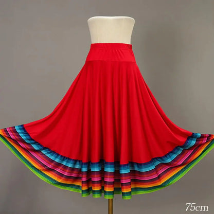 Midi Skirt Ladies Folk Dance Skirt Elastic High Waist Spanish Swing Skirt Rainbow Large Swing Hem Mexican Flamenco Dance Skirts