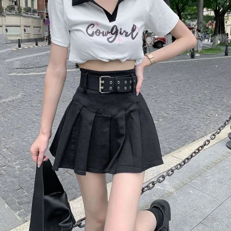 Lucyever Korean High Waist Pleated Skirts Women Summer Khaki Black with Belt A-Line Skirt Woman All-Match Streetwear Mini Skirt