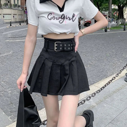 Lucyever Korean High Waist Pleated Skirts Women Summer Khaki Black with Belt A-Line Skirt Woman All-Match Streetwear Mini Skirt