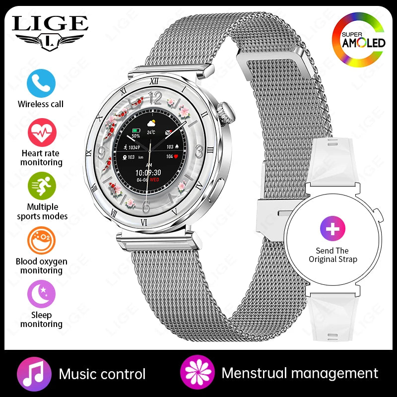 Women's Smart Watch 2026 New Fashion AMOLED Screen Bluetooth Call Custom Dials Female Health Monitoring Ladies Sports Smartwatch