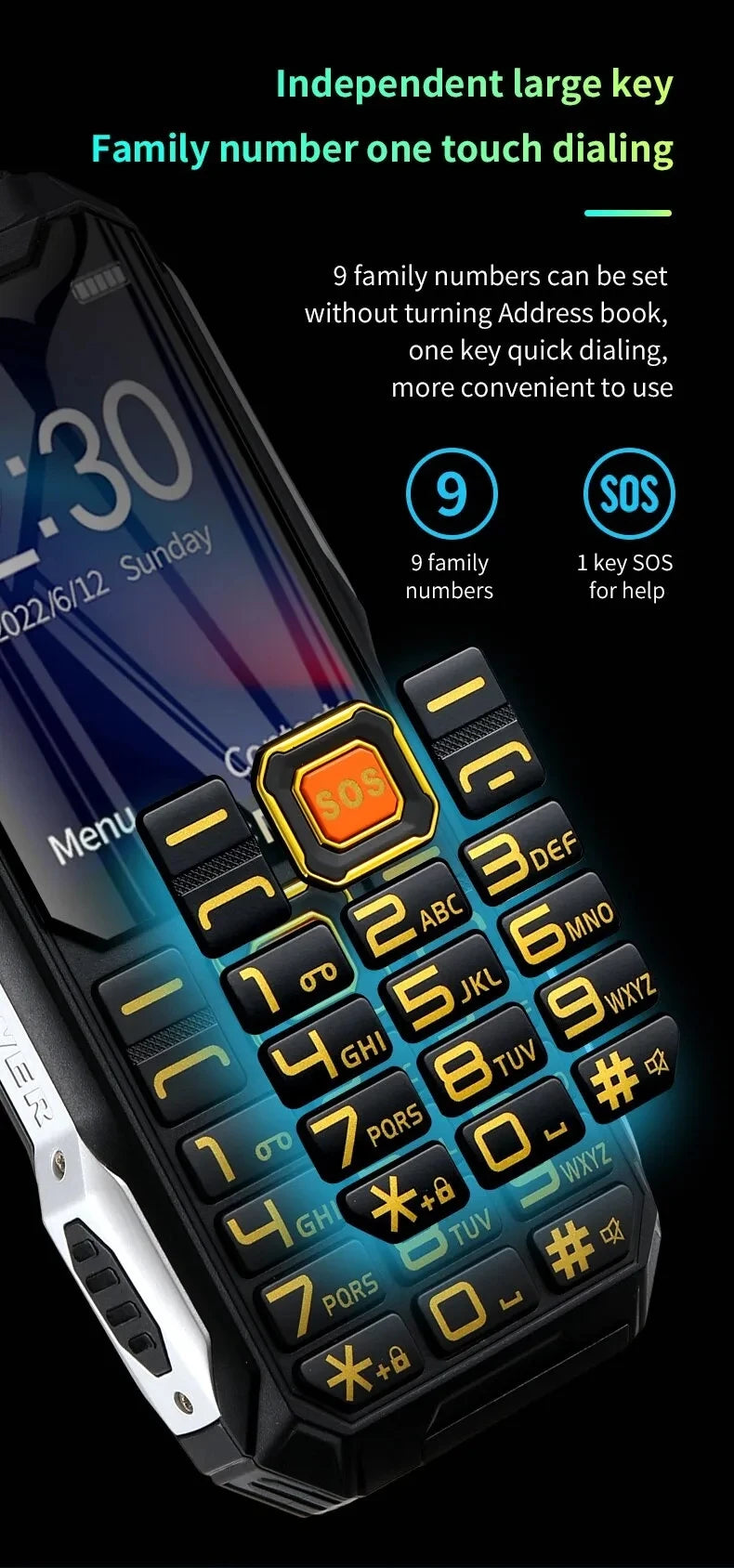 YEEMI Q8 GSM 2G Rugged Phone Big Battery Dual Flashlight 2.4inches HD Screen Dual SIM Mobile Phone Large Button Cellphone