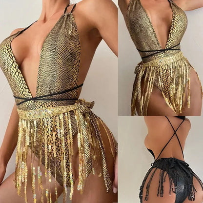 swimsuit women's new European and American sexy deep V swimsuitsNightclub hot girls tassel one-piece swimsuits