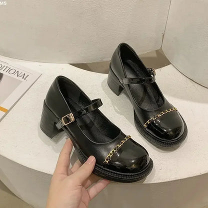 Women's Summer Footwear On Heeled Round Toe Shoes For Woman 2025 Gothic Mary Jane Pumps High Heels Luxury Leather Casual Black A