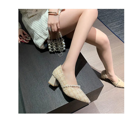 Woman Sexy High Heels New Elegant Wedding Dress Shoes Ladies Shallow Office Party Shoes Tweed Style Side Hollow Single Shoes