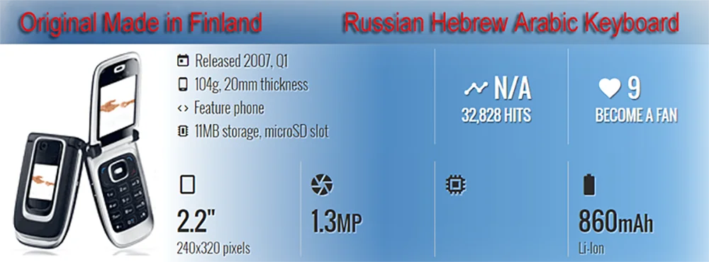 Unlocked Original 6131 Flip Mobile Cell Phone 2G GSM 850/900/1800/1900 Cellphone Arabic Russian Hebrew Keyboard. Made in Finland