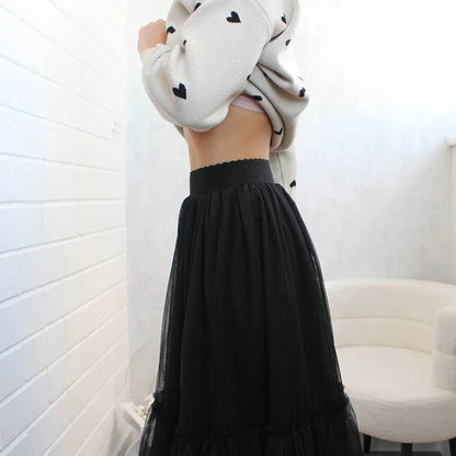 Hirsionsan Pleated Cake Skirts Women 2024 New Korean Harajuku Sweet Lace Skirt Ladies Elegant Party Ball Gown Female Mesh Skirt