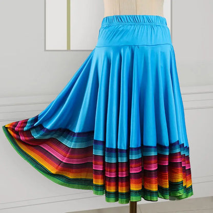 Midi Skirt Ladies Folk Dance Skirt Elastic High Waist Spanish Swing Skirt Rainbow Large Swing Hem Mexican Flamenco Dance Skirts