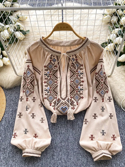Women Autumn Blouse Loose Artistic Retro Heavy Industry Embroidery Bow O-Neck Lantern Sleeve Shirt Casual Versatile Top BL270
