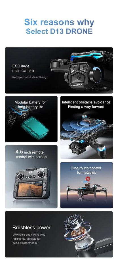 New D13 RC Drone 4K Professional HD Triple Camera 5G WIFI FPV Dron 360° Obstacle Avoidance Brushless Large Screen Quadcopter Toy