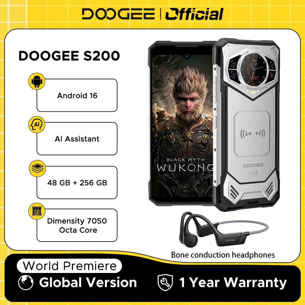 Global Version DOOGEE S200 5G Rugged Phone 12GB +256GB 6.72" Display 100MP AI Main Camera 10100mAh Mobilephone Android 16 NFC