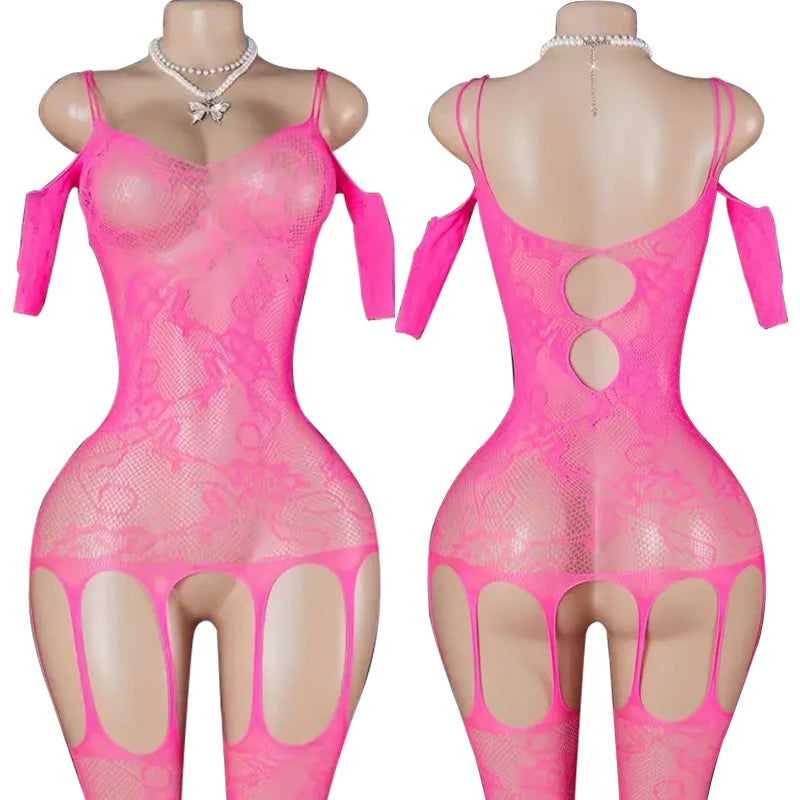 Women Fishnet Long Sleeve Bodycon Underwear Bodysuits Mesh Hollow Mini Dresses Sexy Crotchless Lingerie Erotic Teddies Bodysuit