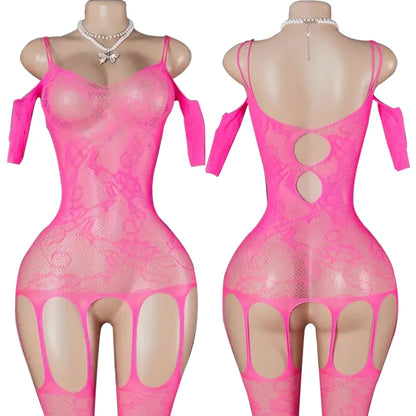 Women Fishnet Long Sleeve Bodycon Underwear Bodysuits Mesh Hollow Mini Dresses Sexy Crotchless Lingerie Erotic Teddies Bodysuit