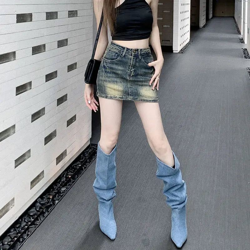 STSVZORR Vintage Embroidery Denim Half Skirt Women's Summer Skirt Water Wash Elastic Wrap Hip Short Skirt