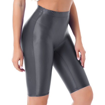 Women Glossy Shorts High Waist Fitness Short Leggings Oil Shiny Knee-Length Tights Swimming Trunks Female Workout Sports Bottoms