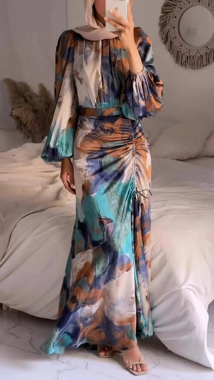 Colorful Printed Pleated Dress Women Half High Collar Long Lantern Sleeves Dresses Female Fashion Drawstring Slim Commuter Robe