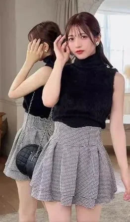 Japanese Lolita Skirts Ruffled Pleated Plaid Skirt Women 2025 Spring New Elastic High Waist Slimming Gentle Mini Skirt Culottes