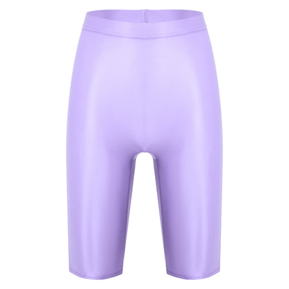 Women Glossy Shorts High Waist Fitness Short Leggings Oil Shiny Knee-Length Tights Swimming Trunks Female Workout Sports Bottoms