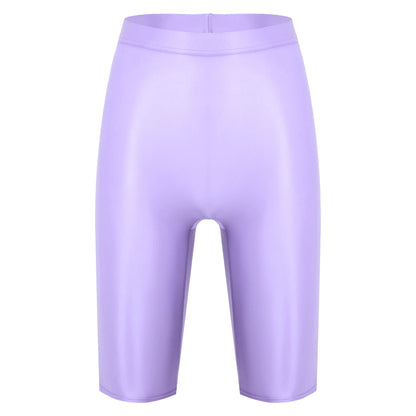 Women Glossy Shorts High Waist Fitness Short Leggings Oil Shiny Knee-Length Tights Swimming Trunks Female Workout Sports Bottoms
