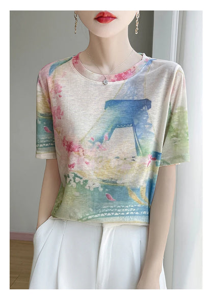 Spring And Summer New Lyocell Short Sleeve Sweater Loose Thin Half Sleeve T-shirt Printed Top