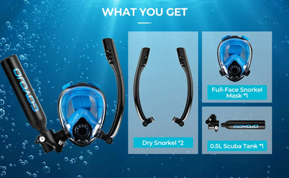 0.5L Mini Scuba Tank Full-Face Snorkel Mask Combo High Aluminium 5-8 Min Diving Underwater Breathing Oxygen Air Supply