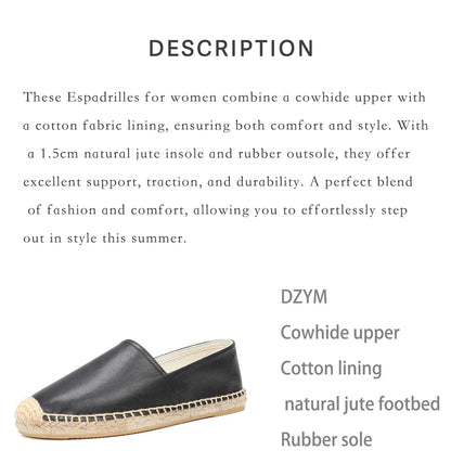 Casual Espadrilles Flat Cow Leather Shoe for Women Slip-on Rubber Ballet Flats