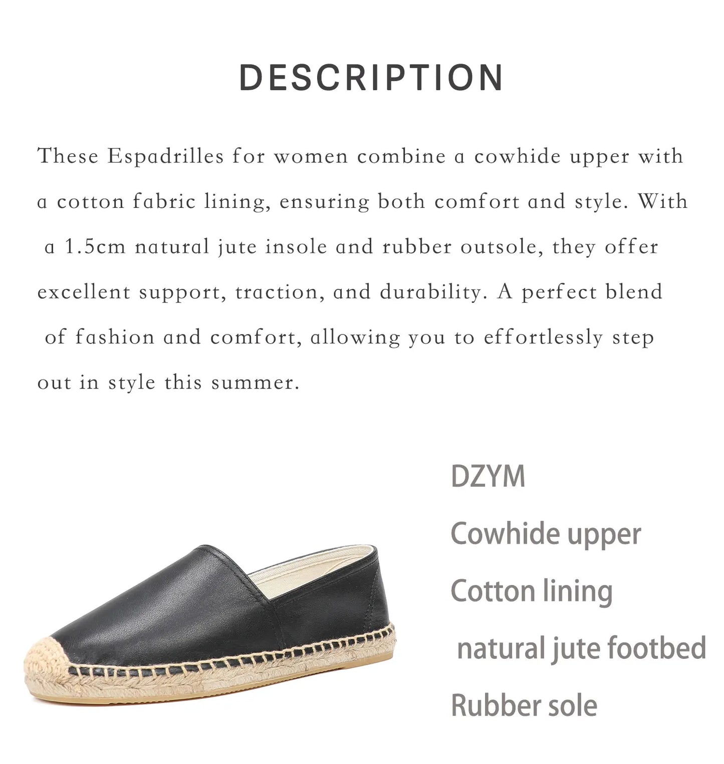 Casual Espadrilles Flat Cow Leather Shoe for Women Slip-on Rubber Ballet Flats