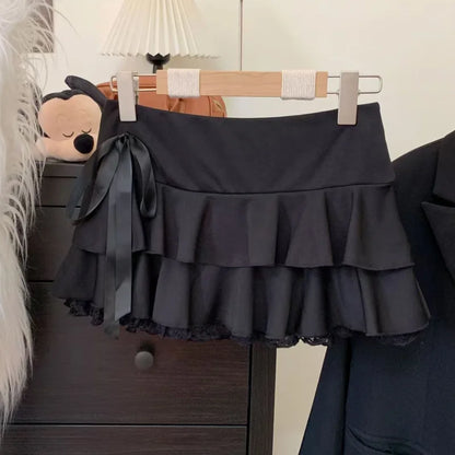 Goth Y2K Black Lace Trim Bow A Line Mini Skirt Women Korean Streetwear