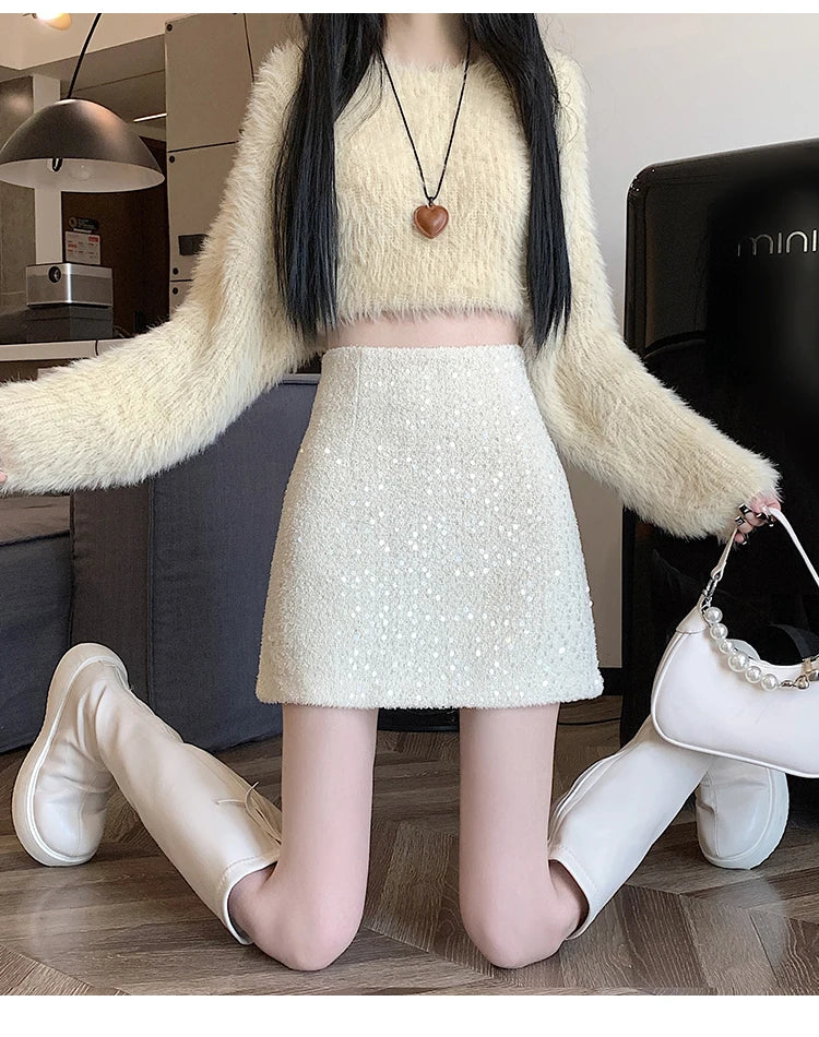 Fashion Y2K Streetwear Winter Mini Skirt Women Glitter Sequin Bodycon Tweed Skirts With Shorts A-Line Pink White Black Faldas