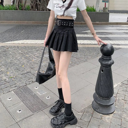 Lucyever Korean High Waist Pleated Skirts Women Summer Khaki Black with Belt A-Line Skirt Woman All-Match Streetwear Mini Skirt