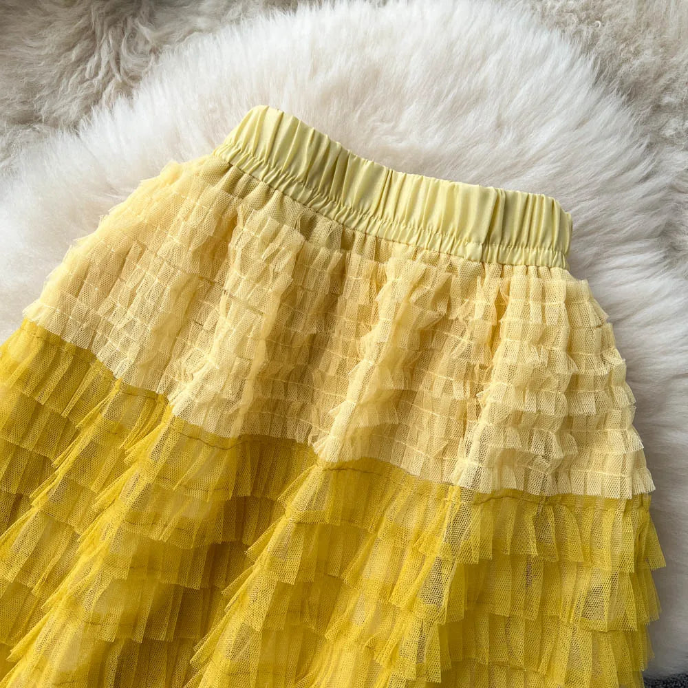 Voille Skirts Women Gradient Y2k High Waist Elastic Jupe Ladies Tulle Mujer Faldas Ruffles Long Female Mesh Skirt Dropshipping