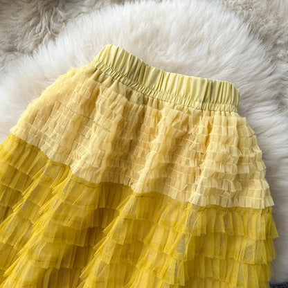 Voille Skirts Women Gradient Y2k High Waist Elastic Jupe Ladies Tulle Mujer Faldas Ruffles Long Female Mesh Skirt Dropshipping