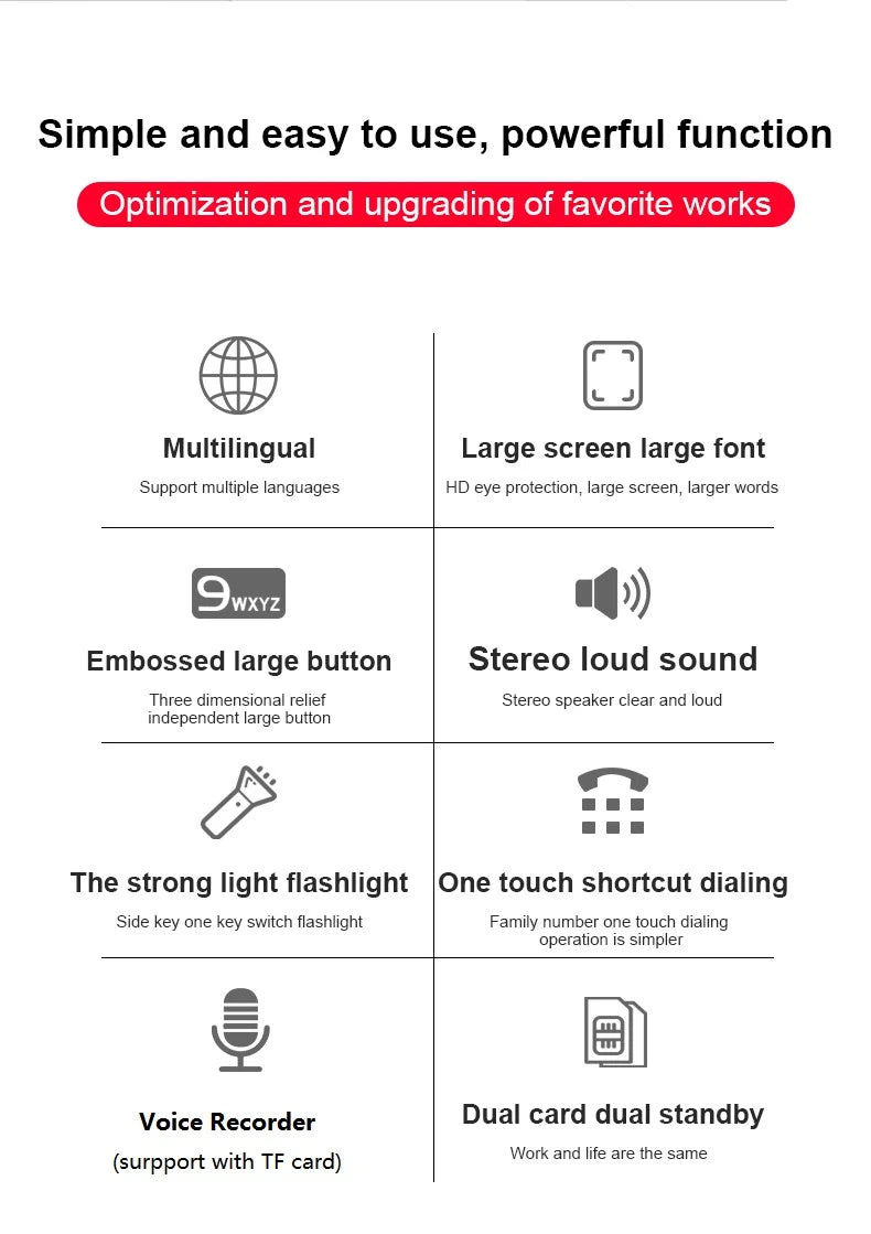 Low Price Elderly Mobile Phone Big Push Button Fast Call Dual Sim Cards Loud Sound Cellphone SOS Two Torch Cheap Large Battery