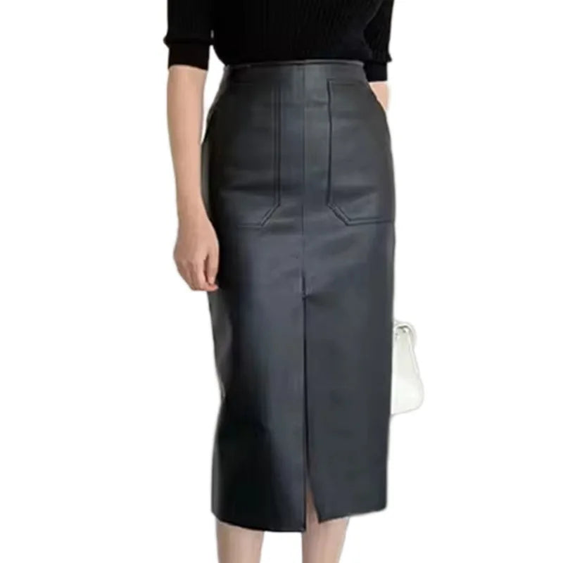CM.YAYA Women High Waist PU Leather Vintage Straight Split Skirt 2025 Winter Street Pockets Basic Club Party Long Midi Skirts