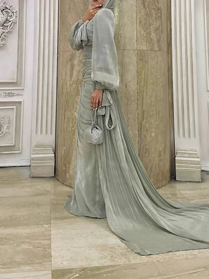 Fashion Lantern Sleeves Autumn Party Dress 2025 Elegant Solid Color Lace Up Dress Ladies O-neck High Waisted Pleated Long Dress