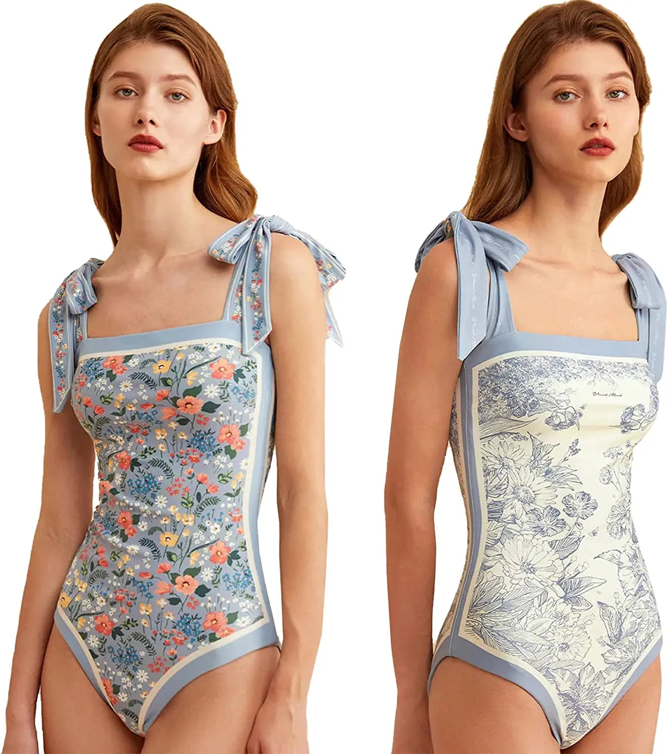 Y2K Fashion Women Floral One Piece Swimsuits Reversible Tie Shoulder Monokini Tummy Control Bathing Suits Square Neck Swimwear