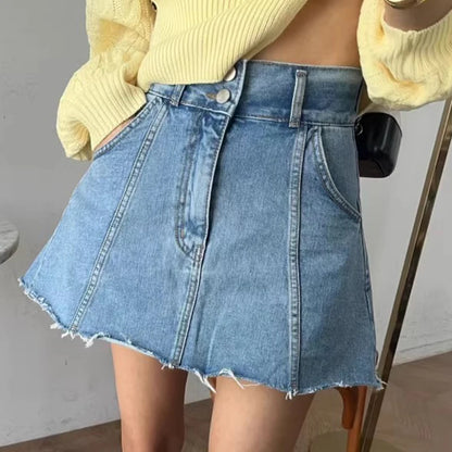Chic High Waist A-Line  Skirt Women's Jeans ort Skirt Spring Vintage Slimming Splicing Hemming Girl's Faion Commute